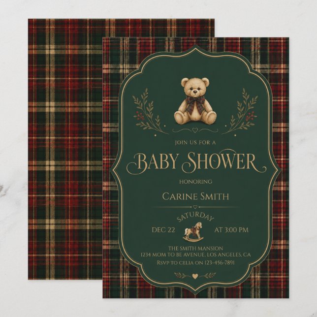 Rustic Tartan Teddy Bear Baby Shower Invitation (Front/Back)