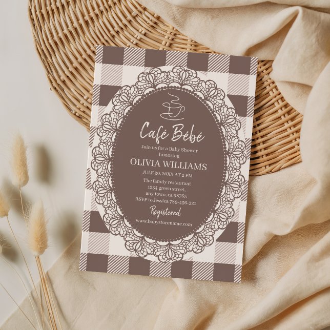 Rustic Taupe Cafe Bebe Baby Shower Lace Frame Invitation (Creator Uploaded)