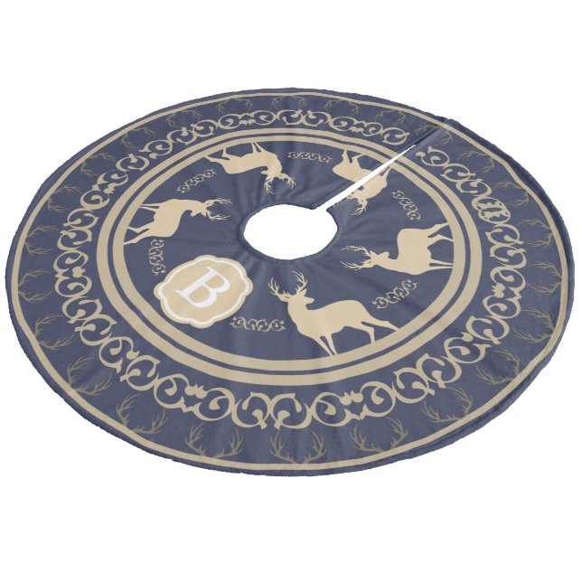 Rustic Taupe Deer Antlers and Bucks | Monogram Fleece Tree Skirt (Angled)