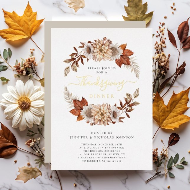 Rustic Taupe Fall Floral Thanksgiving Dinner Gold (Rustic Taupe Fall Floral Thanksgiving Dinner Gold Foil Invitation)