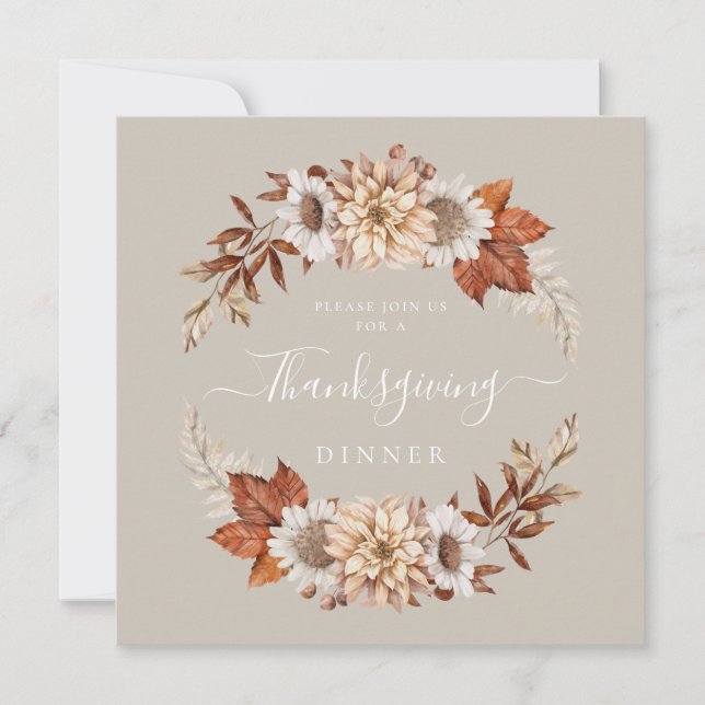 Rustic Taupe Fall Floral Thanksgiving Dinner Invitation (Front)