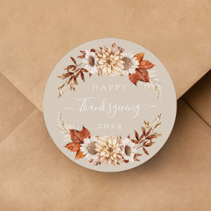 Rustic Taupe Fall Leaves Happy Thanksgiving Classic Round Sticker