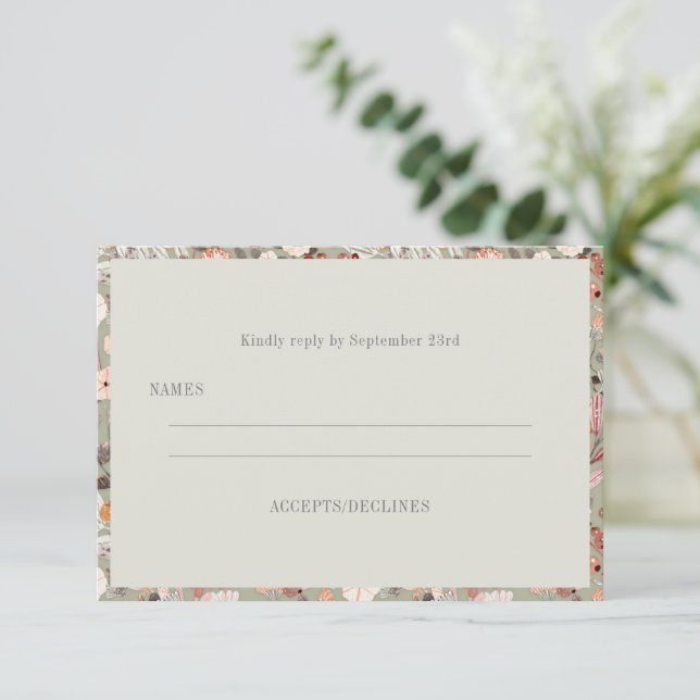 Rustic Taupe Floral Boho Minimalist Wedding Reply RSVP Card (Standing Front)