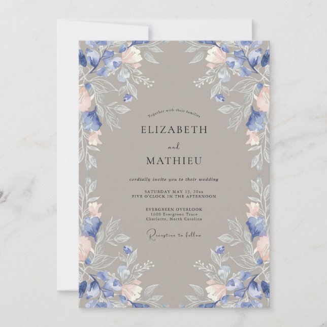 Rustic Taupe Periwinkle Blossom Wedding Invitation (Front)