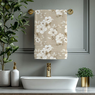 Rustic Taupe White Flowers Neutral Bath Towel