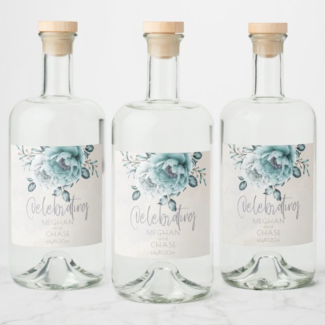 Rustic Teal and Alabaster Peony Floral Liquor Bottle Label (Bottles)