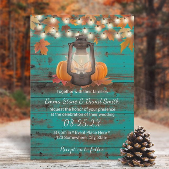 Rustic Teal Barn Lantern & Pumpkins Fall Wedding Invitation (Creator Uploaded)
