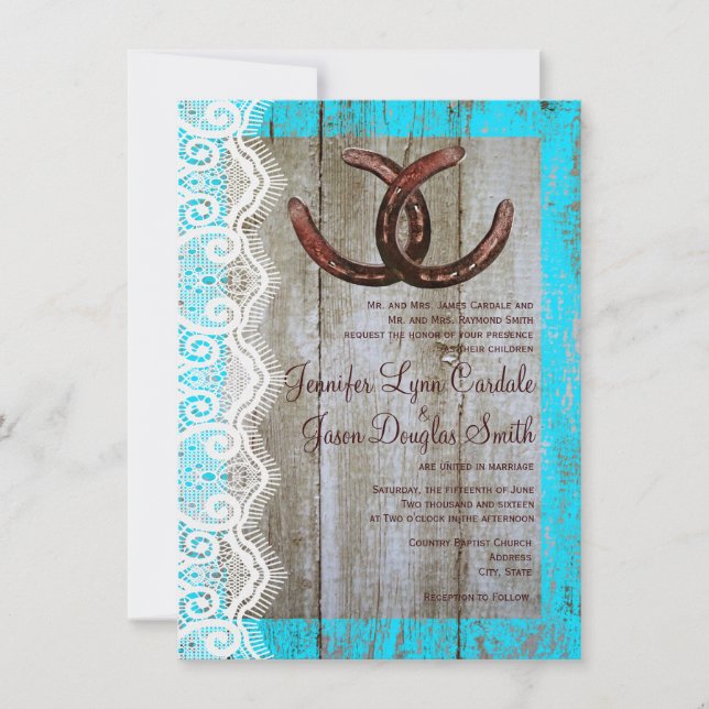Rustic Teal Barn Wood Horseshoe Wedding Invitation (Front)
