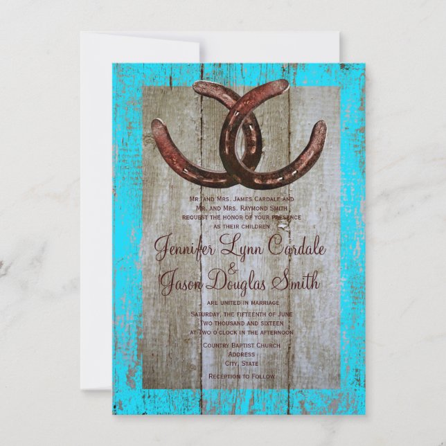 Rustic Teal Barn Wood Horseshoe Wedding Invitation (Front)