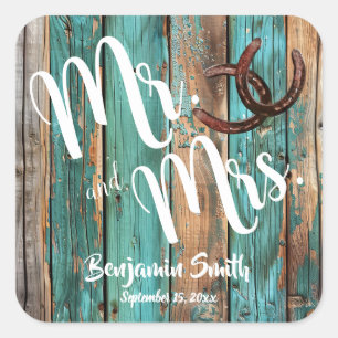 Rustic Teal Barn Wood Horseshoe Wedding Square Sticker