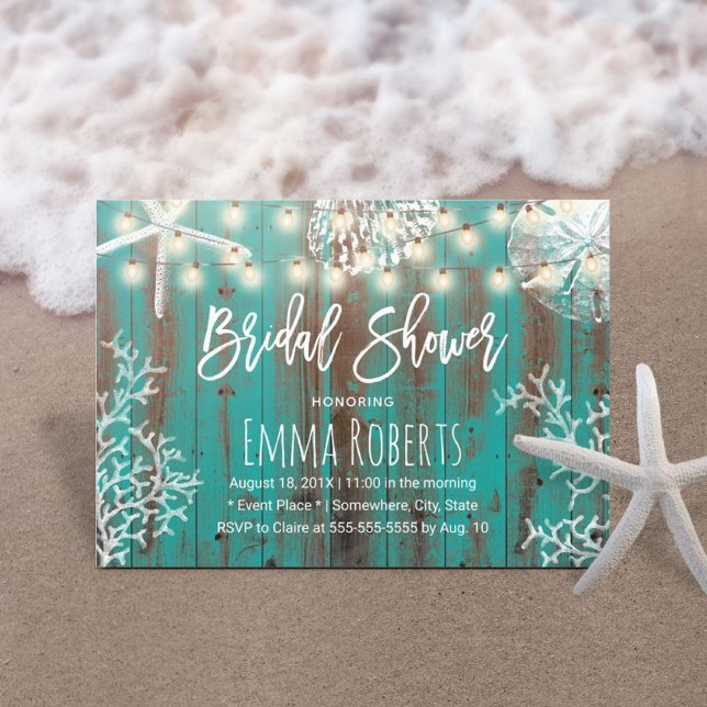 Rustic Teal Beach Coral Starfish Bridal Shower Invitation (Creator Uploaded)