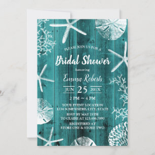 Rustic Teal Beach Wedding Seashells Bridal Shower Invitation