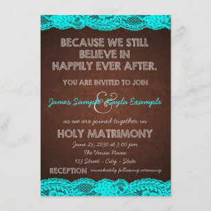 Rustic Teal Blue and Brown Country Wedding Invitation