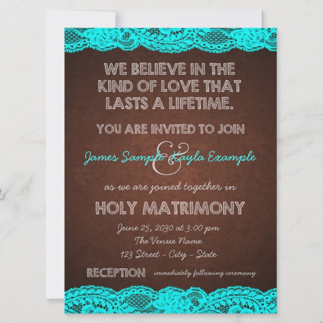 Rustic Teal Blue and Brown Country Wedding Invitation (Front)