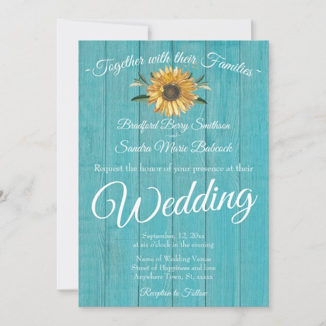 Rustic Teal Blue Barn Wood Sunflower Wedding  Invitation (Front)