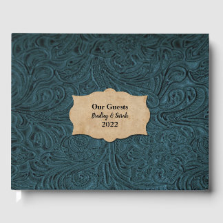 Rustic Teal Blue Leather (Faux) Personalised Guest Book