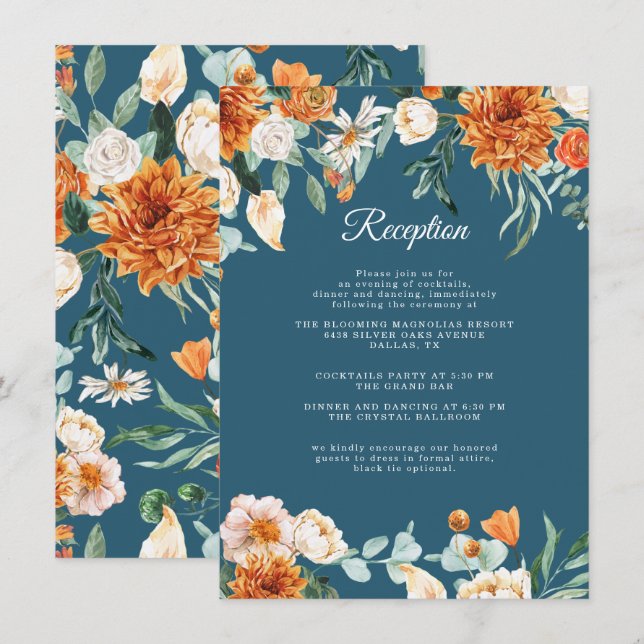 Rustic Teal Blue Orange Fall Wedding Reception Enclosure Card (Front/Back)