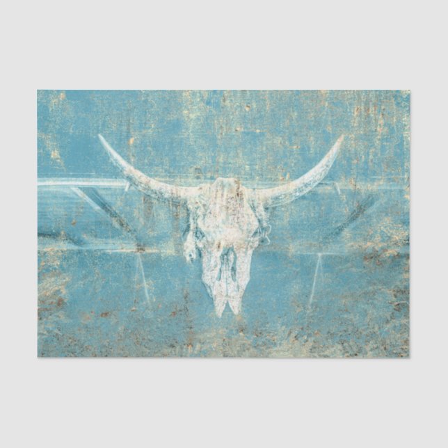 Rustic Teal Blue Texture Western Bull Cow Skull Tissue Paper (Front)