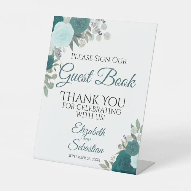 Rustic Teal Boho Floral Please Sign Our Guest Book (Front)