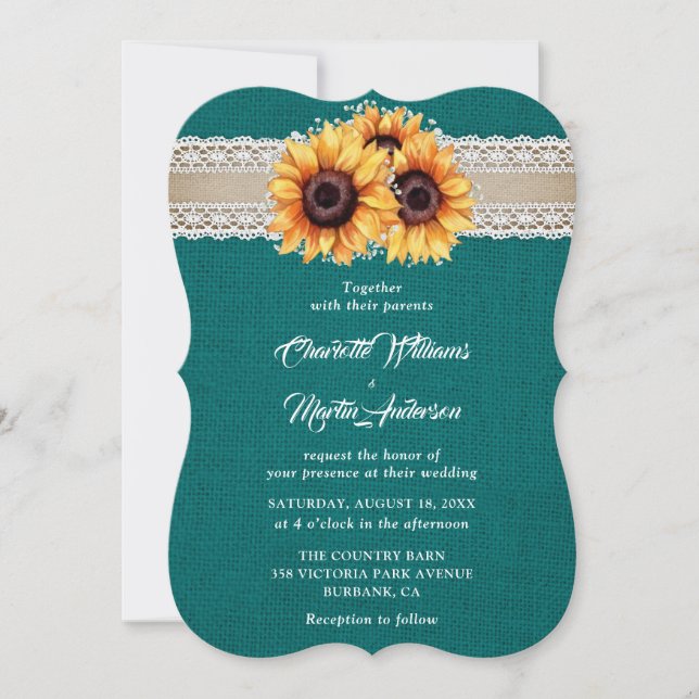Rustic Teal Burlap Lace Sunflower Wedding Invitation (Front)
