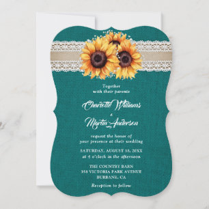Rustic Teal Burlap Lace Sunflower Wedding Invitation