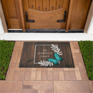 Rustic Teal Butterfly Personalised Doormat