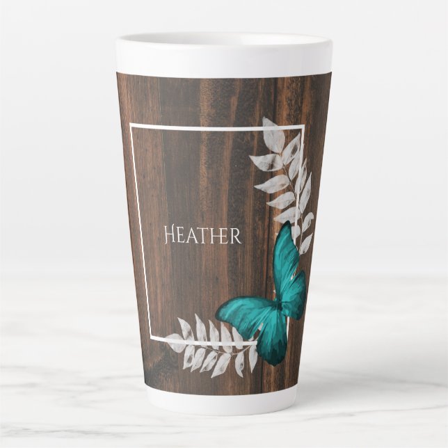 Rustic Teal Butterfly Personalised Latte Mug (Front)