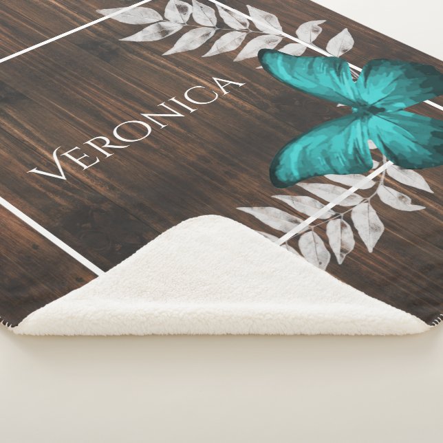 Rustic Teal Butterfly Personalised Sherpa Blanket (3/4)