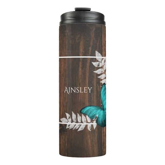 Rustic Teal Butterfly Personalised Thermal Tumbler (Front)