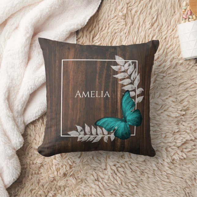 Rustic Teal Butterfly Throw Pillow (Blanket)