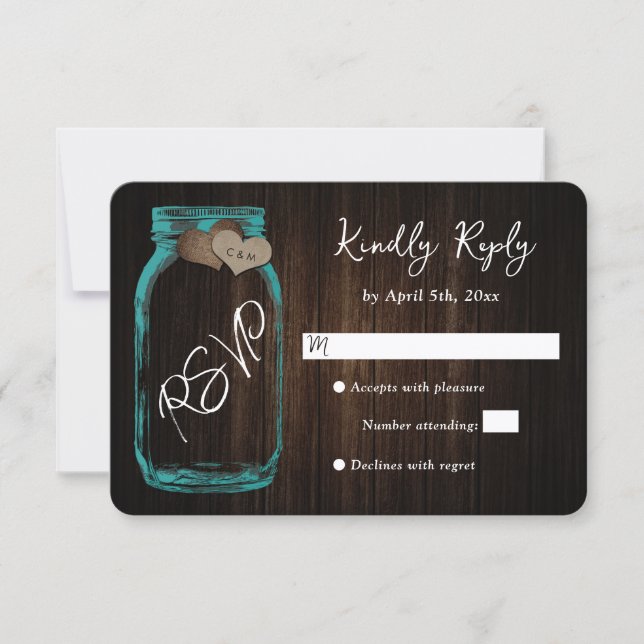 Rustic Teal Country Wood Heart Mason Jar Wedding RSVP Card (Front)