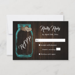 Rustic Teal Country Wood Heart Mason Jar Wedding RSVP Card