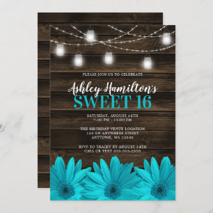 Rustic Teal Daisy Mason Jar Lights Sweet 16 Invitation