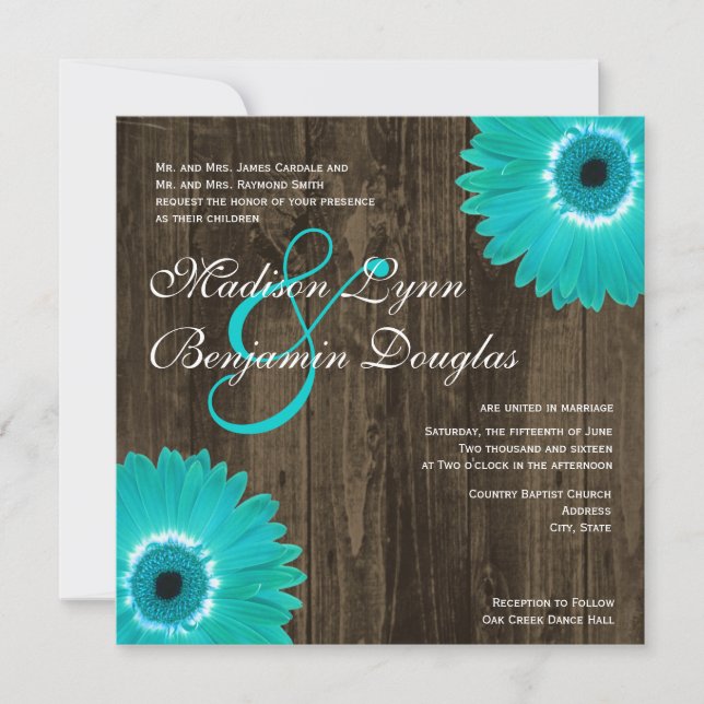Rustic Teal Daisy Square Wedding Invitations (Front)