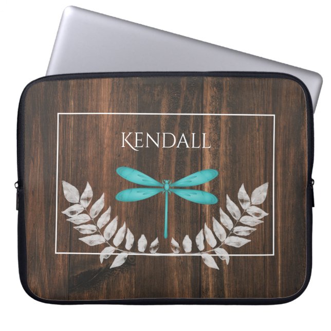 Rustic Teal Dragonfly Personalised Laptop Sleeve (Front)