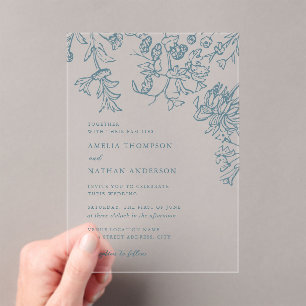 Rustic Teal Elegant Botanical Floral Wedding Acrylic Invitations
