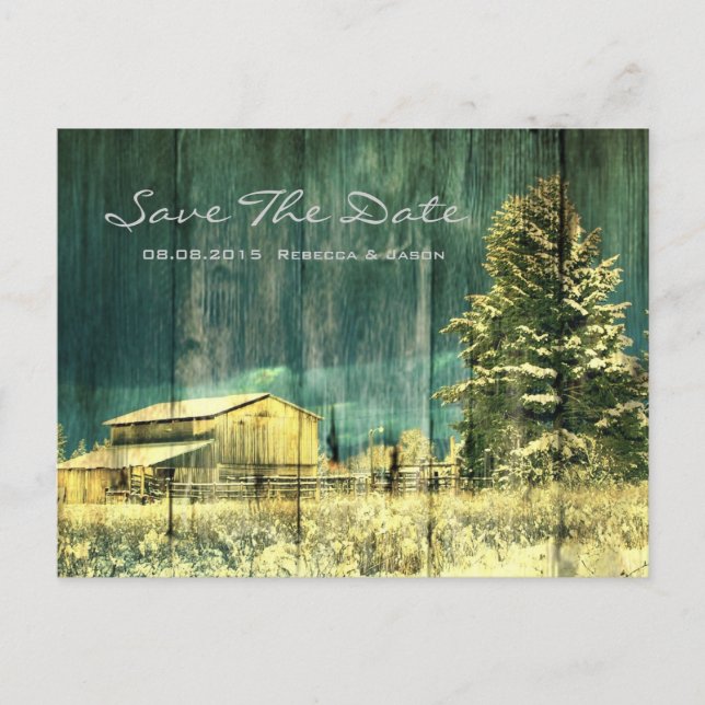 rustic teal evergreen snowy forest winter wedding announcement postcard (Front)