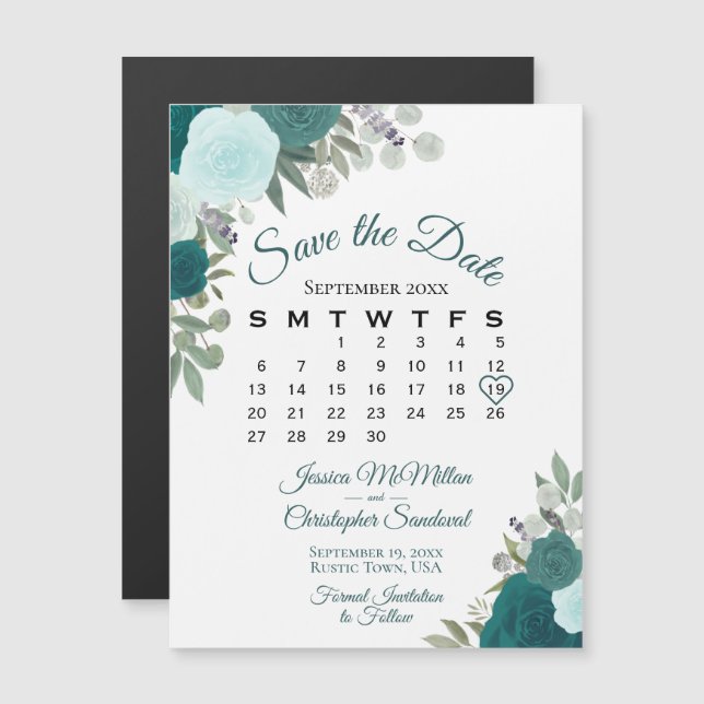 Rustic Teal Floral Save the Date Calendar Magnet (Front/Back)