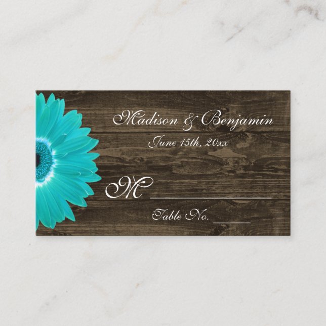 Rustic Teal Gerber Daisy Wedding Place Cards (Front)