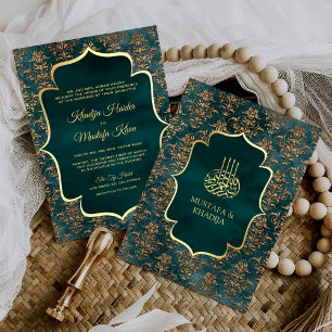 Rustic Teal Gold Damask Muslim Wedding Invitation