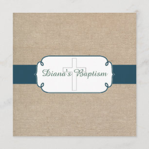 Rustic Teal Green Beige Burlap Baptism Invitation