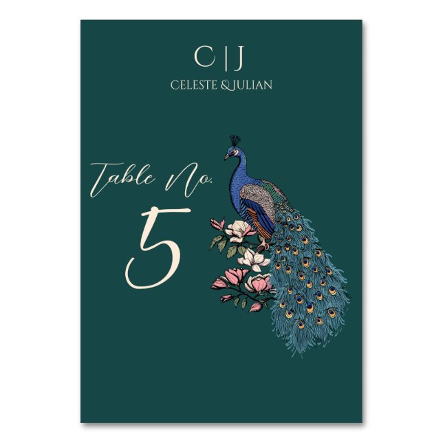 Rustic Teal Green Peacock Wedding Table Number (Front)