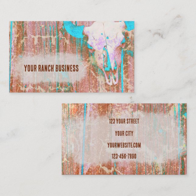 Rustic Teal Grunge Texture Western Bull Skull Business Card (Front/Back)