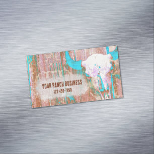 Rustic Teal Grunge Texture Western Bull Skull Magnetic Business Card