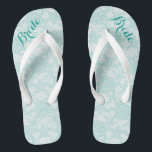 Rustic Teal Lace Bride Jandals<br><div class="desc">These flip flops feature a background of teal lace and darker teal customisable text at the top toe area that reads: Bride.</div>