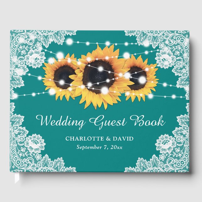 Rustic Teal Lace Sunflower Wedding Guest Book (Front)