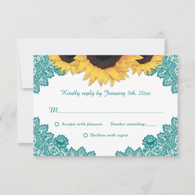 Rustic Teal Lace Sunflower Wedding RSVP Cards (Front)