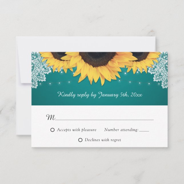 Rustic Teal Lace Sunflower Wedding RSVP Cards (Front)