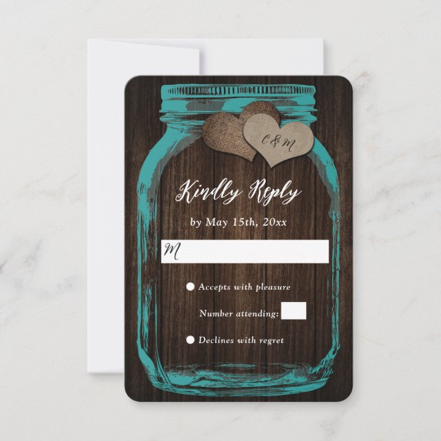 Rustic Teal Mason Jar Barn Fall Wedding RSVP (Front)