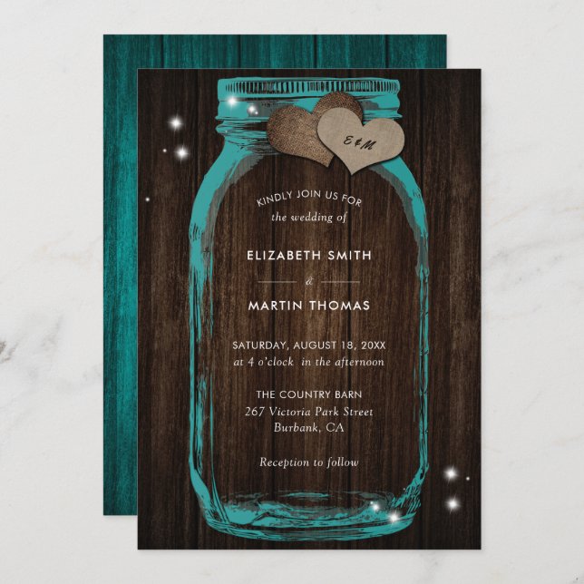 Rustic Teal Mason Jar Wedding Invitations (Front/Back)